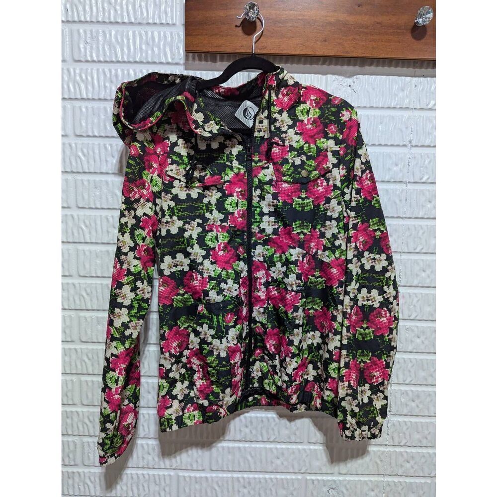 Volcom Women's Multi-Color Floral Front-Zip Long-Sleeve Hooded Windbreaker Size
